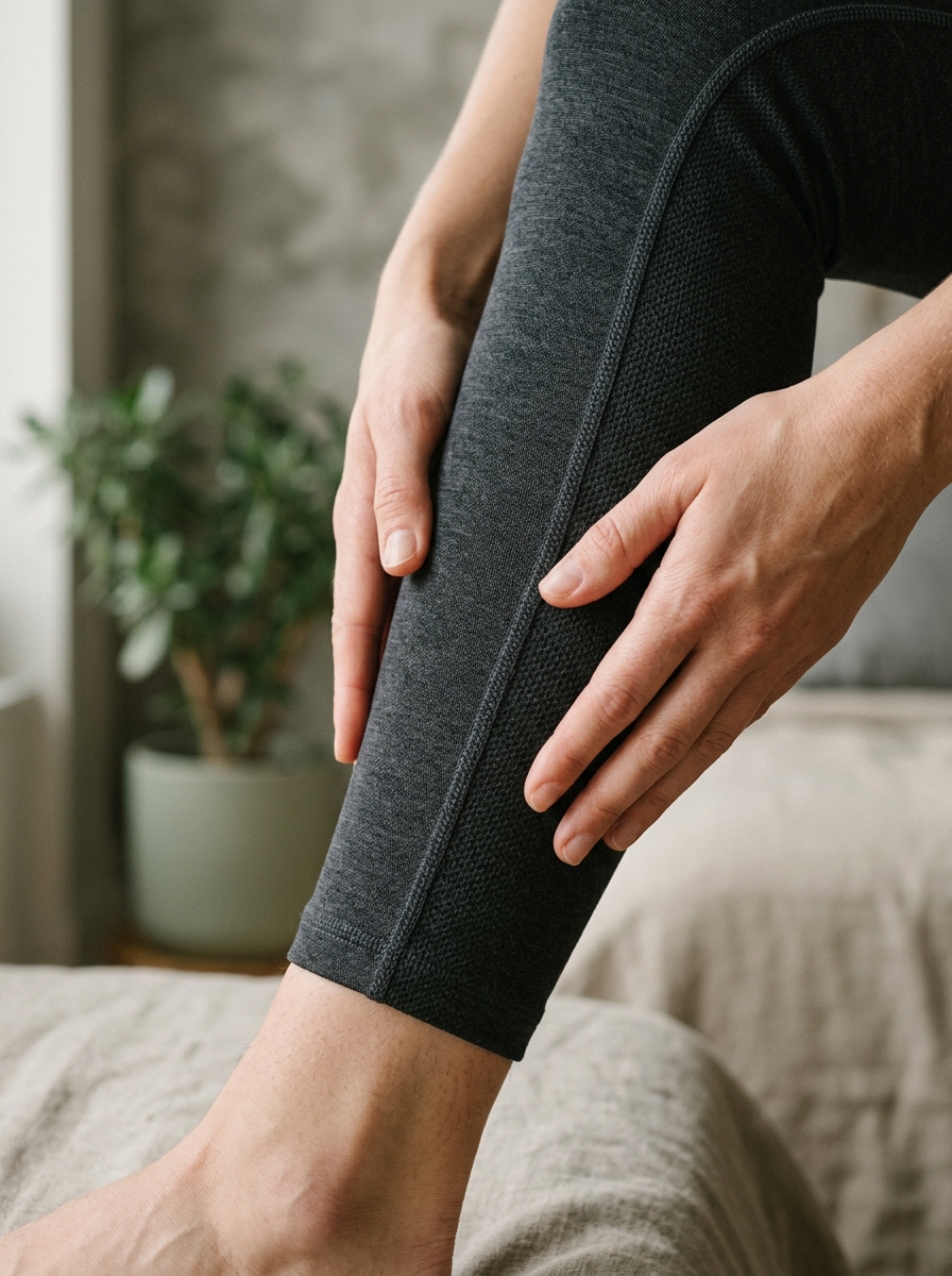 Close-up of hands smoothing compression leggings fabric, showing the knit texture and seam construction.