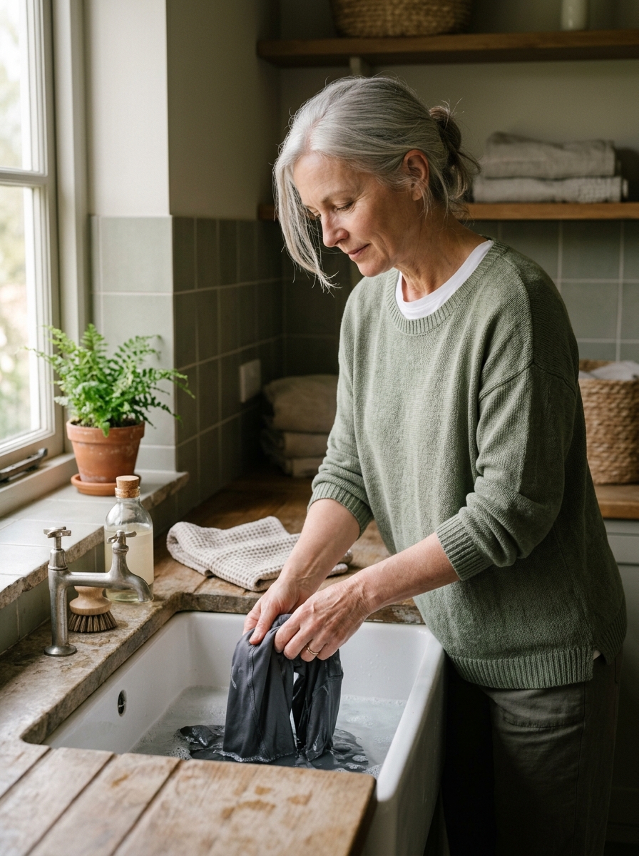 Woman hand-washing compression leggings in a kitchen sink.