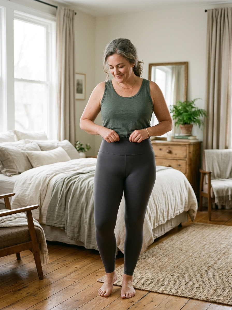 Woman with a fuller, natural body type adjusting charcoal compression leggings in a softly lit bedroom.