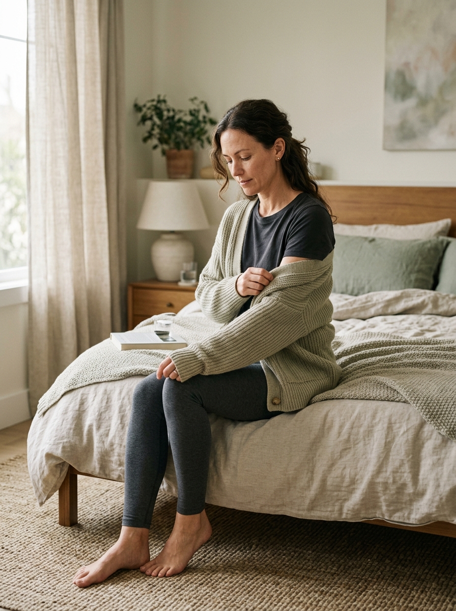 Woman gently getting dressed in compression leggings while seated on a bed during recovery.