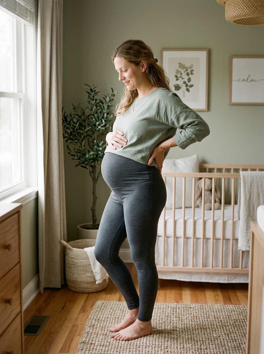 Visibly pregnant woman in maternity compression leggings standing in a calm nursery.