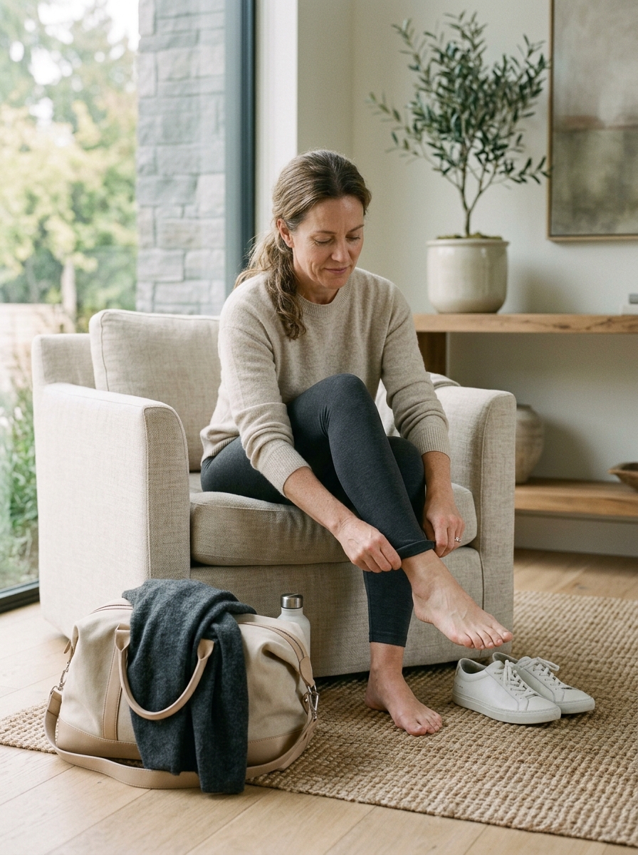 Woman putting on compression leggings before travel, with a packed bag and shoes beside her.