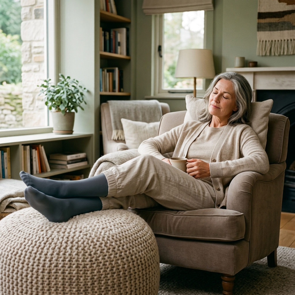 Woman resting with legs elevated wearing compression socks in a calm living room.