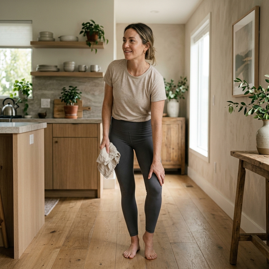 Woman in compression leggings standing in a bright kitchen.