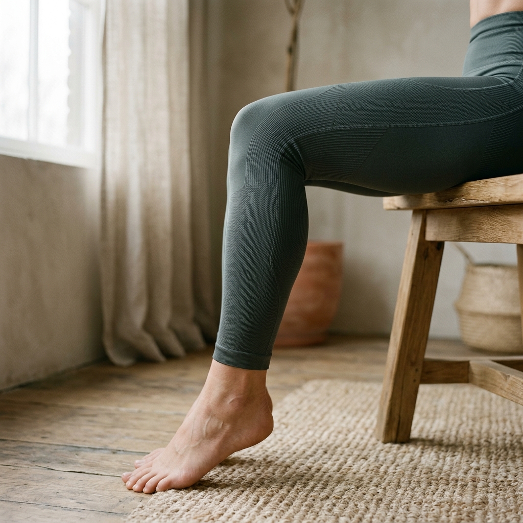 Close-up of compression leggings fabric texture on a woman's leg.